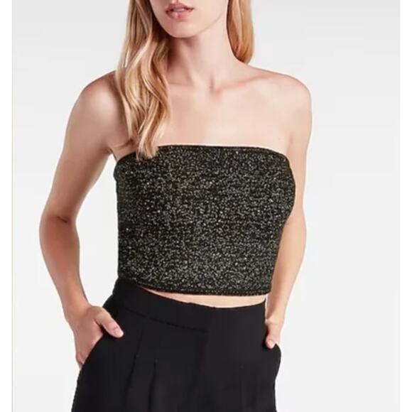 NWT Express Sweater Knit Strapless Top Black and Gold Glitter Wool Blend S - Picture 1 of 10